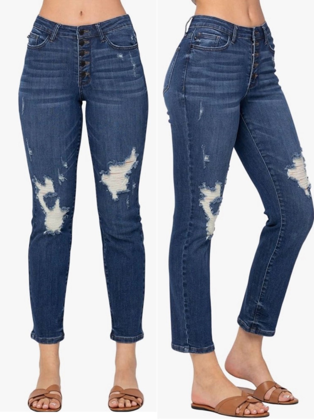 Judy Blue High Waist Zip Zag Button Fly Boyfriend Distressed Dark Wash Jeans